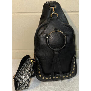 Sam & Hadley Guitar Strap Sling Bag Black 4 Pockets Stud Embellishment Festival